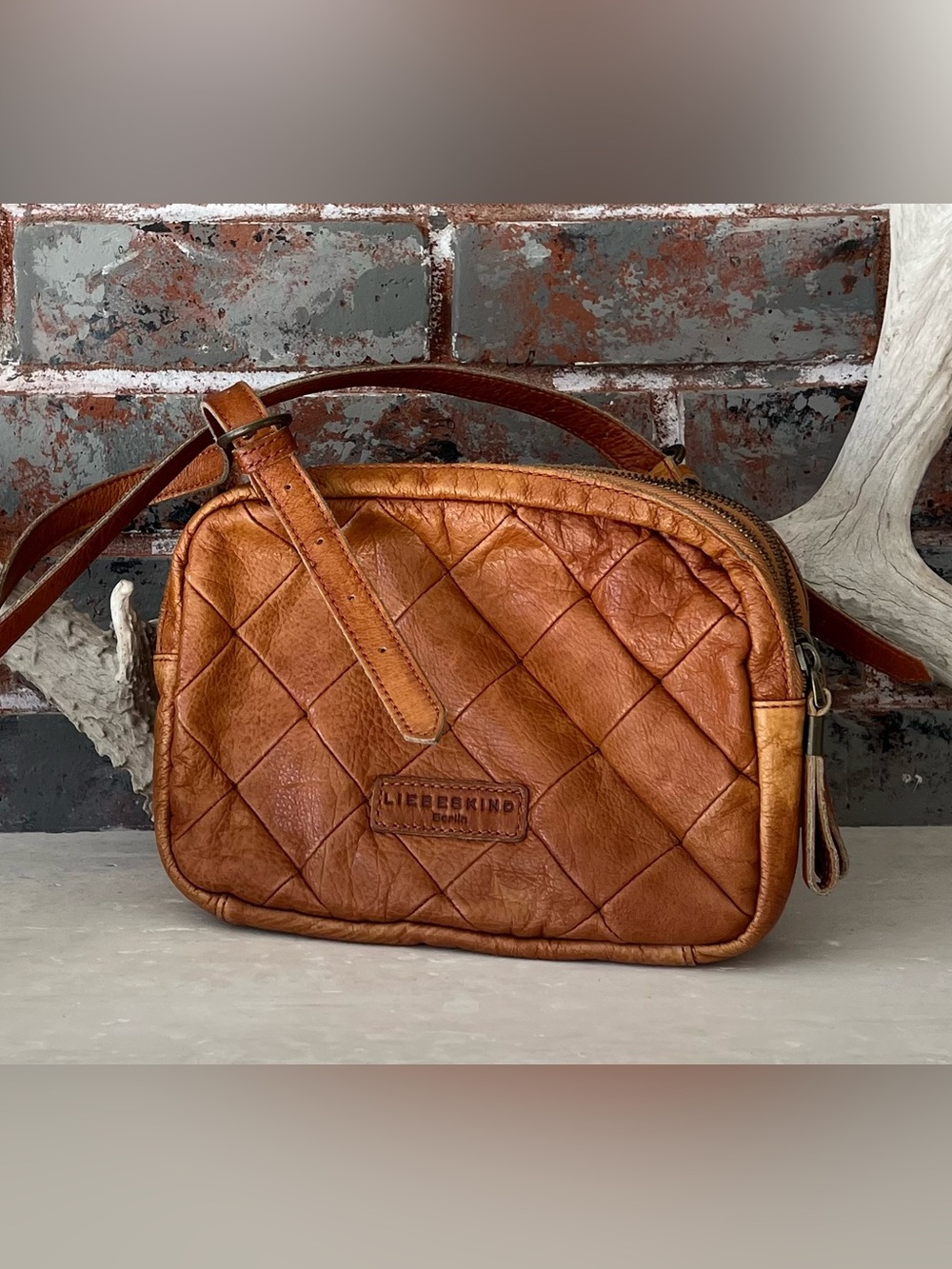 Liebeskind Berlin Cognac Quilted Leather Triple Zip Crossbody Bag